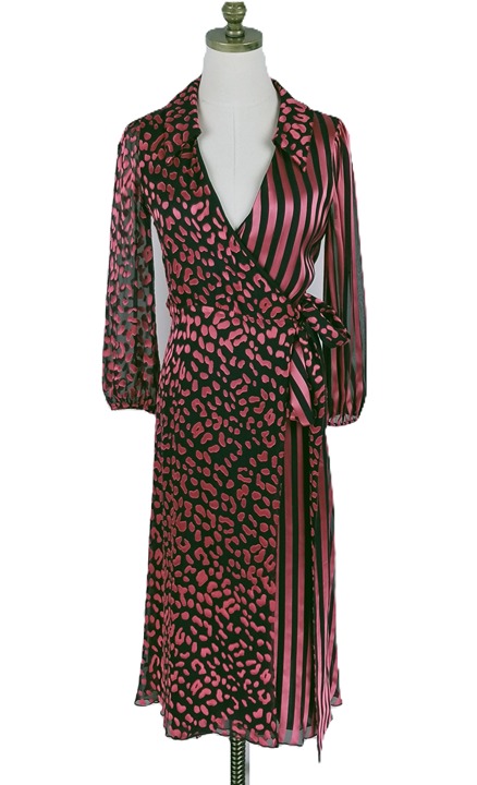 Alice + Olivia Abigail Silk Blend Wrap Dress Sz 0 Rose Black Satin Animal Print