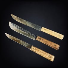3 Forgecraft Hi-Carbon Kitchen Knives Wood Grain Handles Full Tang OLD 1940s?