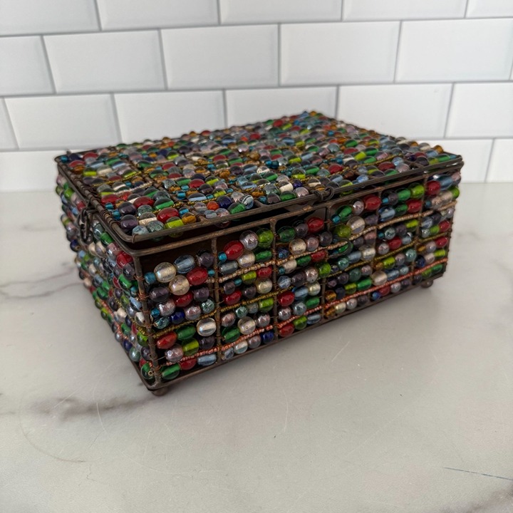Vintage Multicolor Beaded Footed Jewelry Box Removable Copper Tray