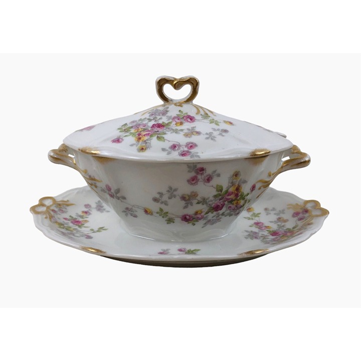Limoges Covered Gravy Boat Charles Ahrenfeldt Attached Underplate Pink Roses Gol