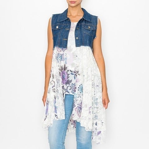 NEW ORIGAMI SHIRT VEST D denim & lace CARDIGAN bohemian western chic (SM-3X) 3X