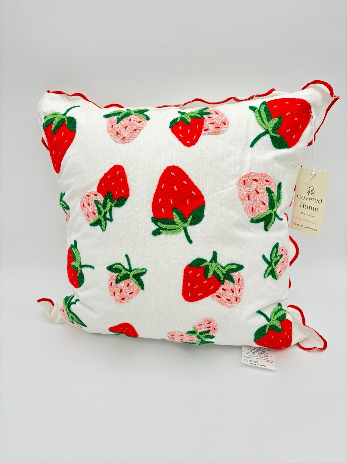 Coveted Home Embroidered Strawberry Decorative Pillow with Supersoft Down Alt