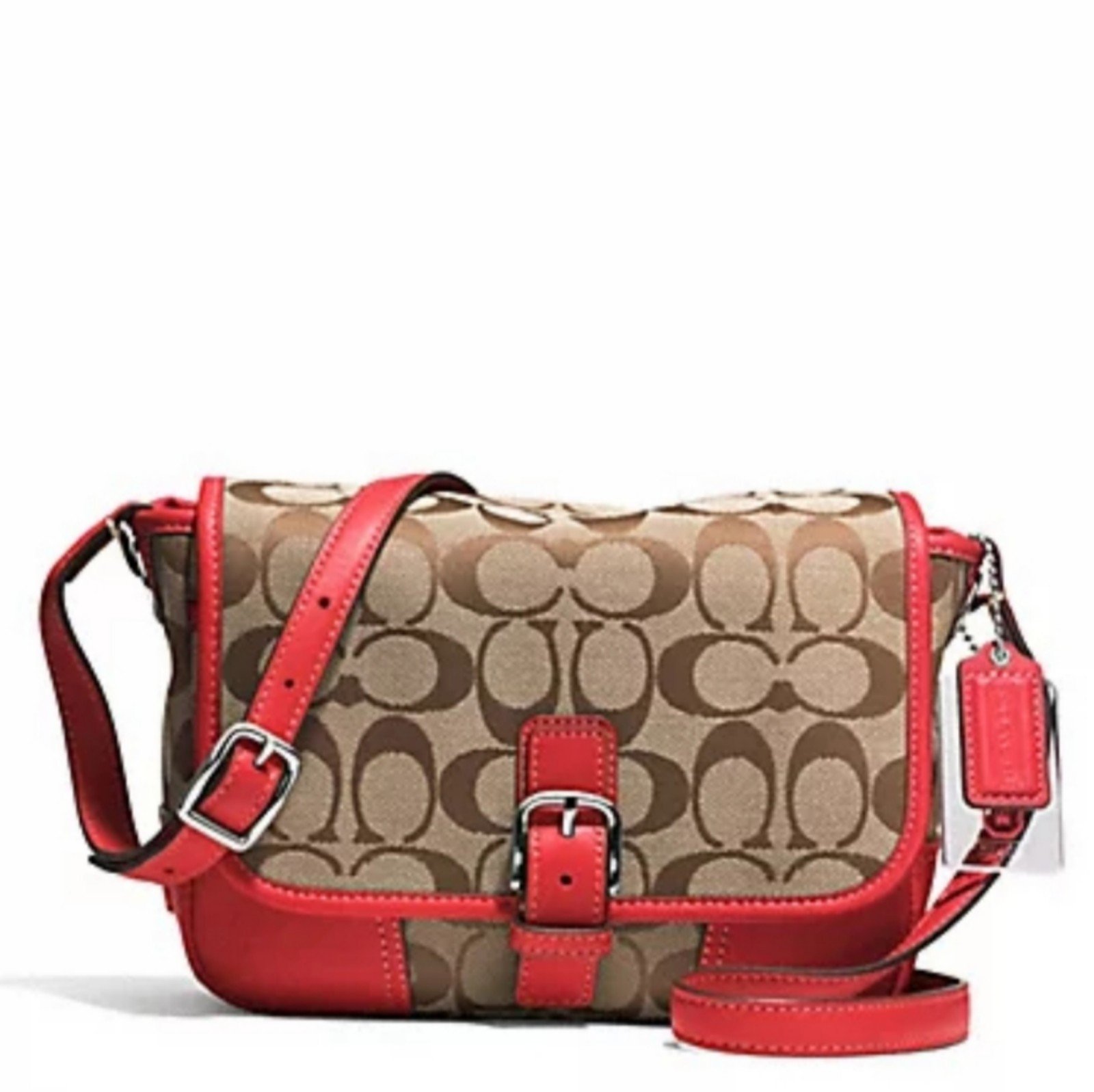 Coach Hadley Bright True Red Khaki Canvas Signature Crossbody Buckle Field Bag