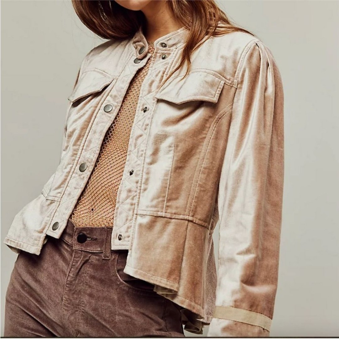 Free People Ballet Racer Jacket Cropped Champagne Velvet Snap Size XS NWOT