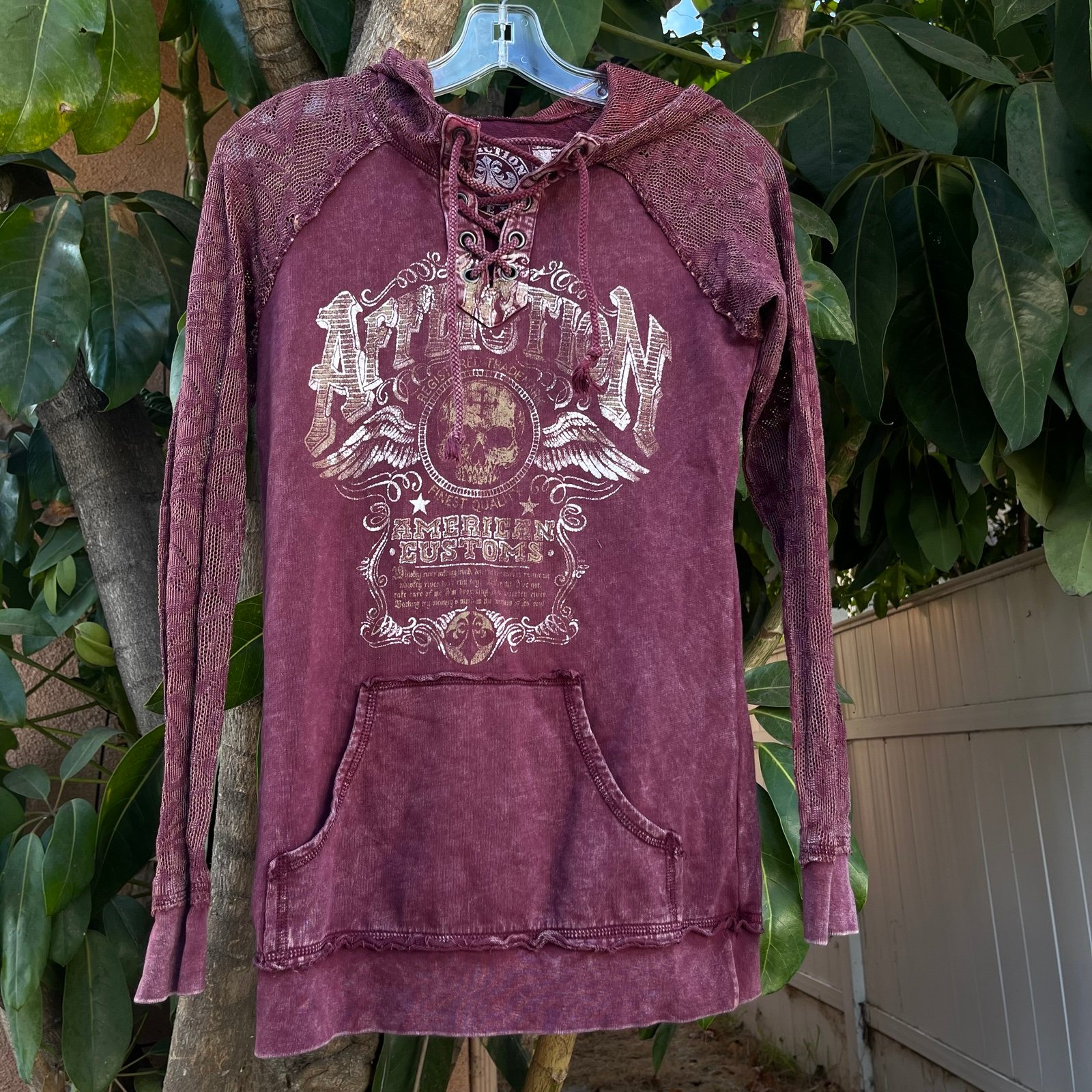 Affliction Hoodie Red / Maroon Graphic Wings Skull with Lace Sleeves.