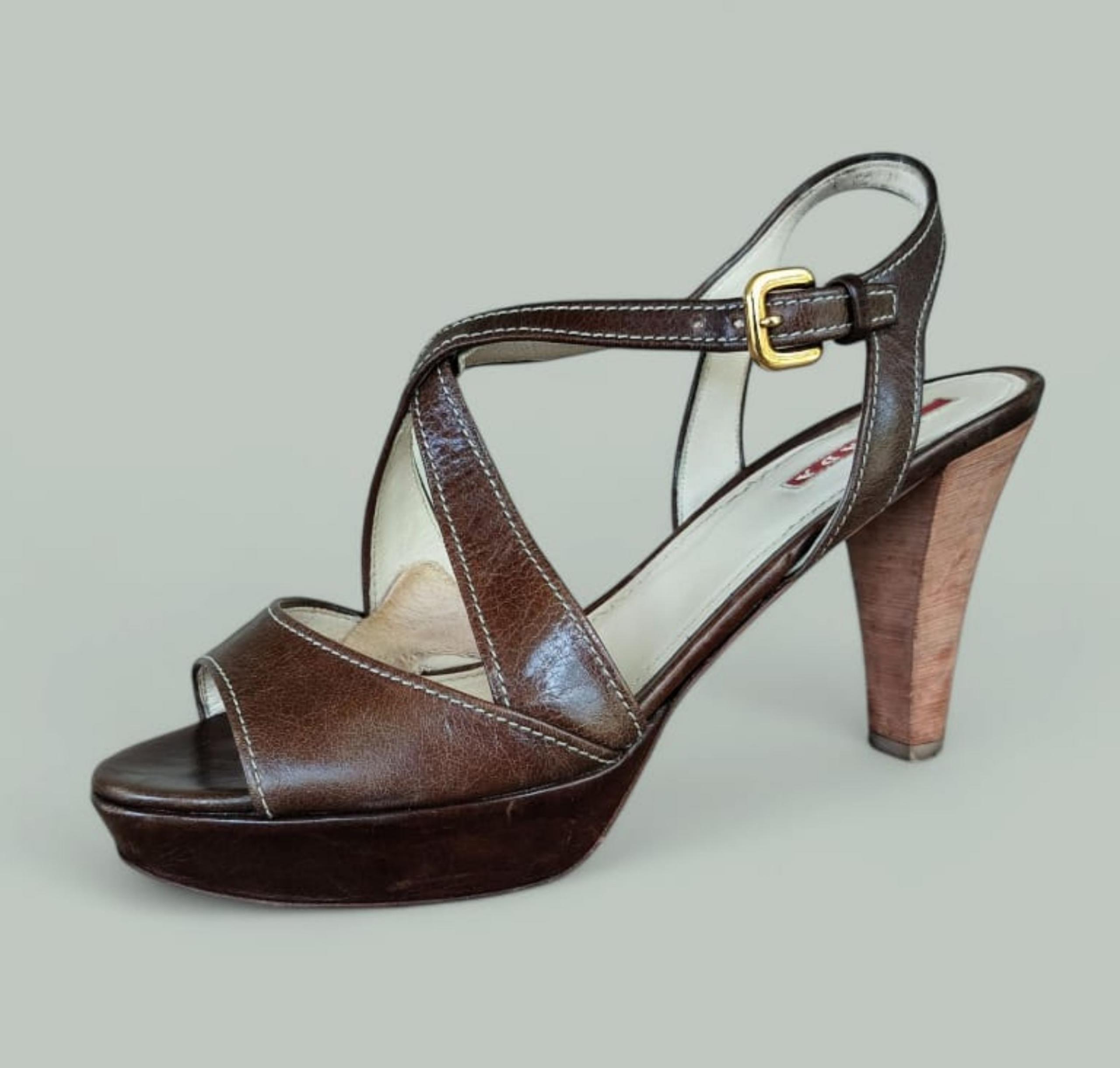 Ladies (9.5) Authentic Prada Cross Strap Strappy Brown Platform Heels