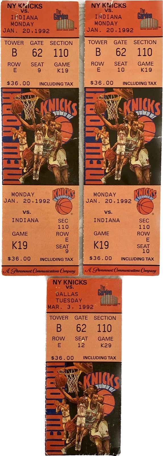 NBA NY Knicks Lot of 3 stubs - 1/20/92 - 2 Full Unused Stubs , 3/3/92 - 1 Stub