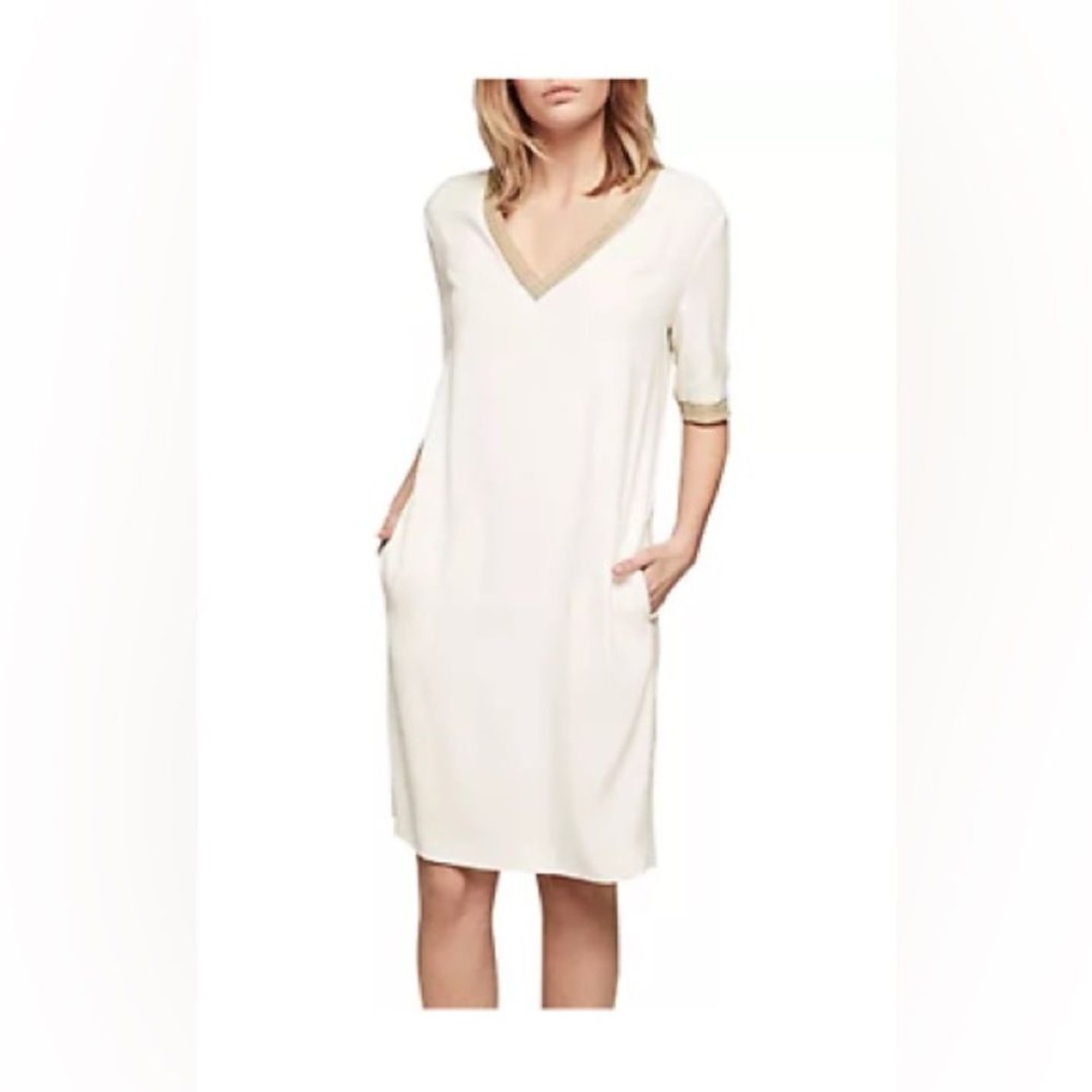 Gerard Darel Harmony Dress Ivory Short Sleeve Size 40 Gold Trim Viscose Stretch