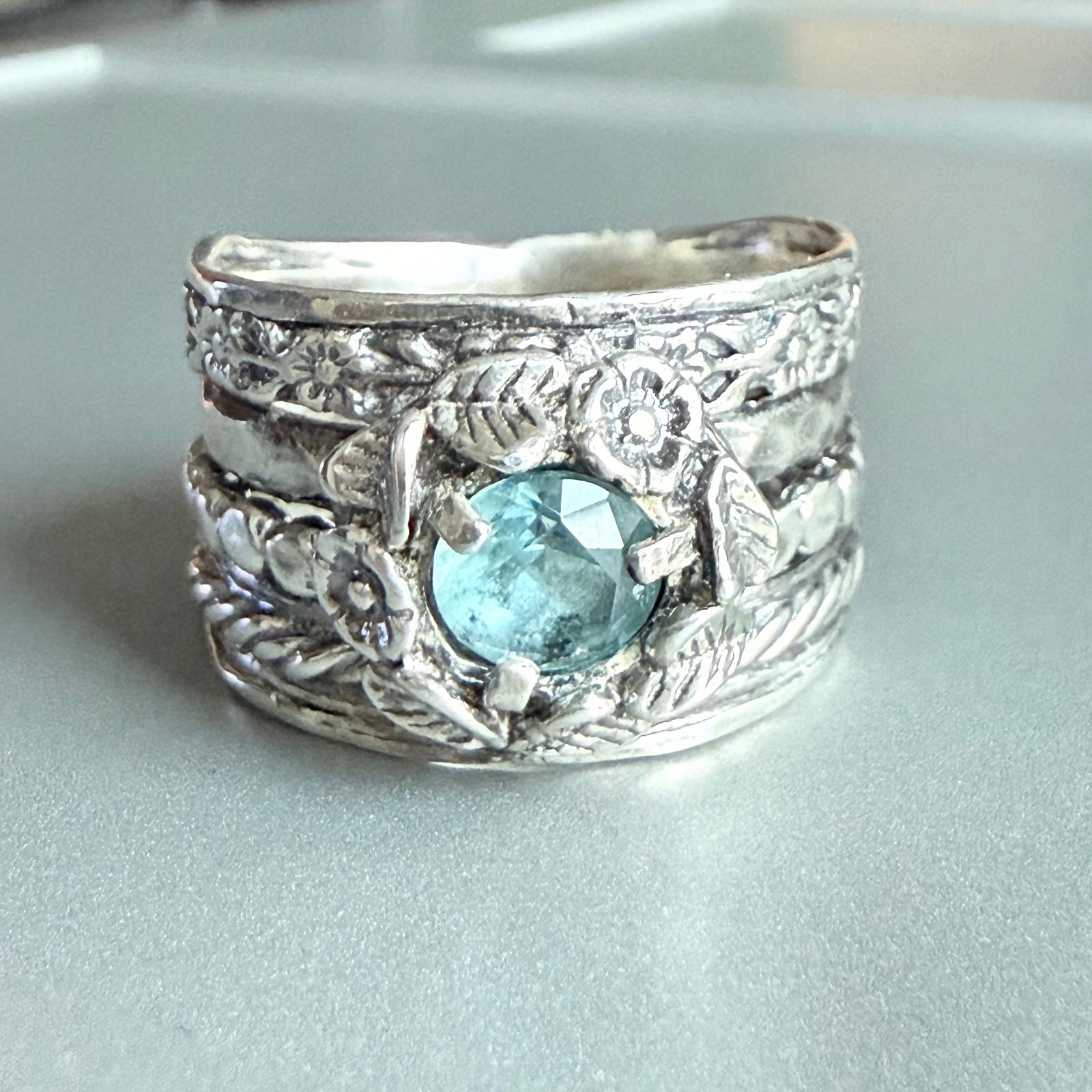 Aquamarine Floral Multiple Textured Detail Ornate Sterling Silver Wide Band Ring