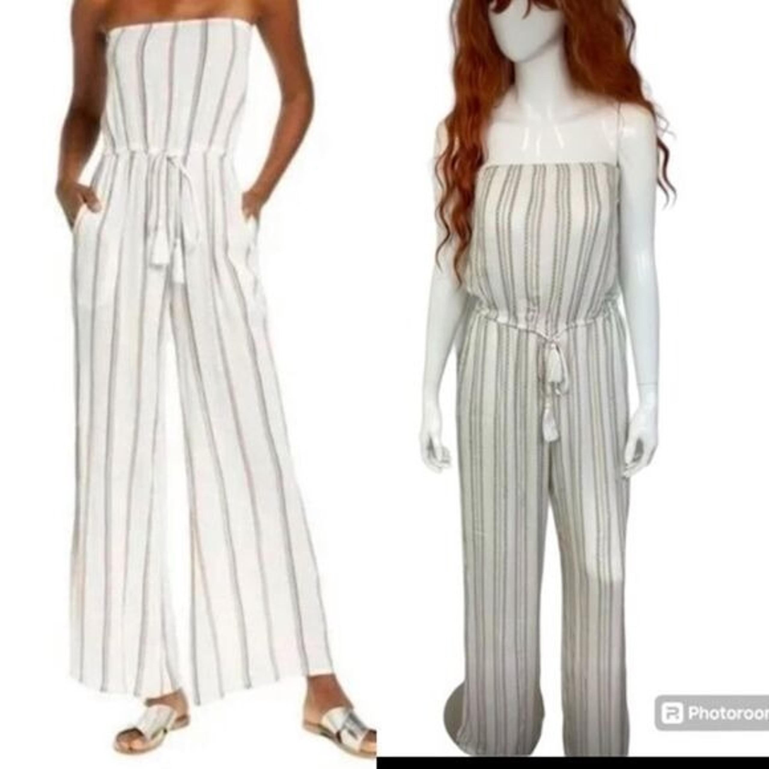 Elan Camilla Ivory Olive Green Striped Staples Wide Leg Cover Up Jumpsuit M