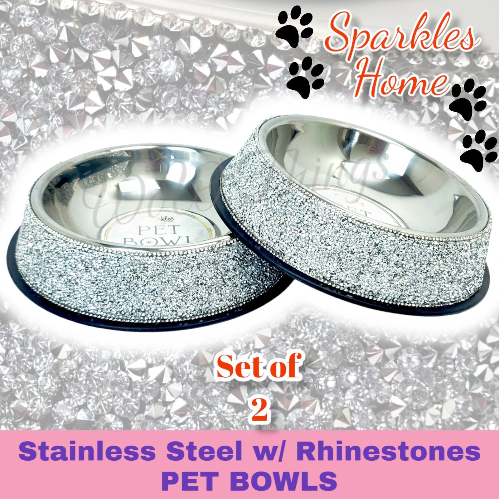 Set of 2 Sparkles Home Pet Bowls | Stainless Steel w/ Rhinestones
