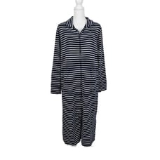 LL Bean Ultrasoft Sweatshirt Robe Zip-Front Cotton Blue White Stripe Large 99