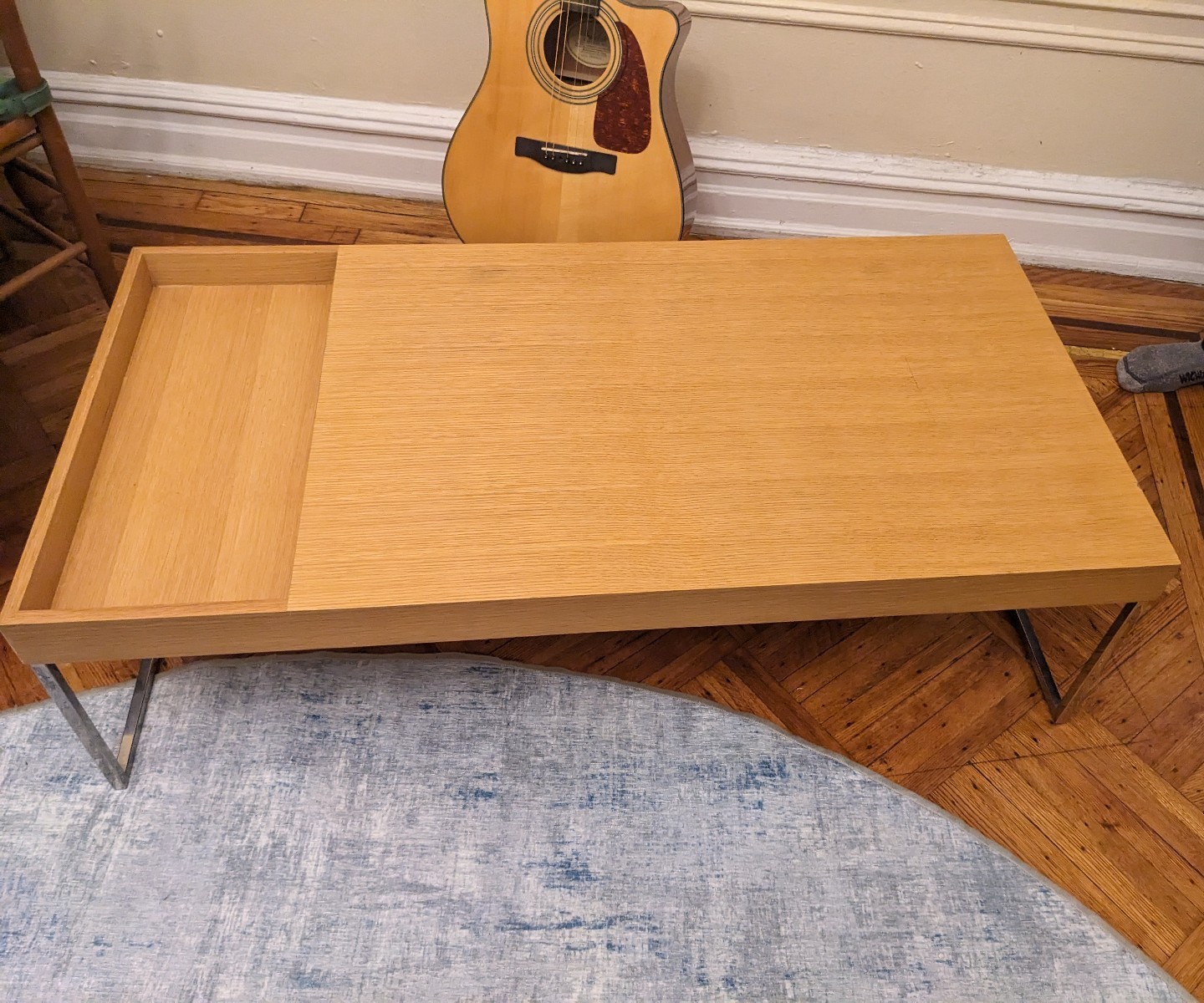 Coffee table with inset storage, bamboo and chrome