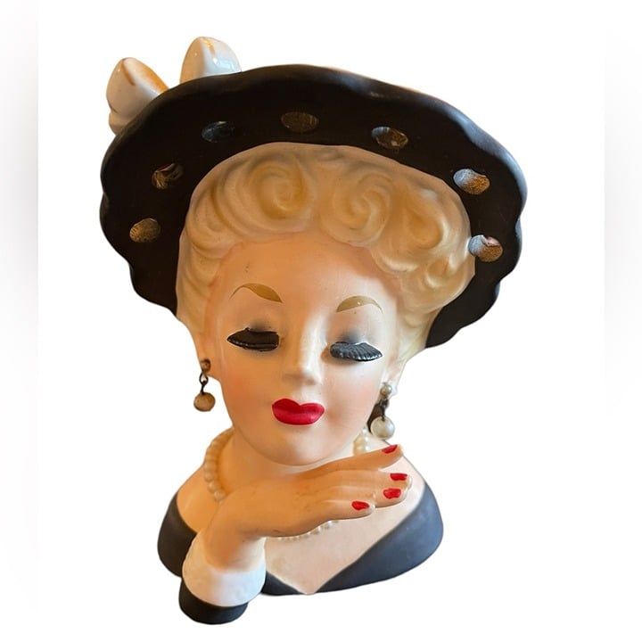 Vintage Black Hat Blonde Hair Ceramic Lady's head Planter/Vase 1961