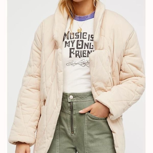 Free People Tawny Pillow Quilted Jacket Coat Cream Puffy Boyfriend sz M Medium