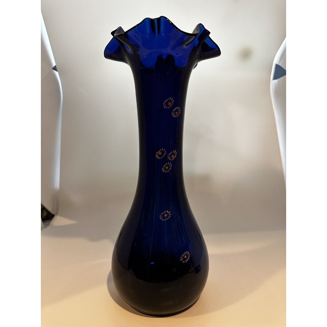 Cobalt Blue Handblown Glass Ruffled Top Vase Large Antique