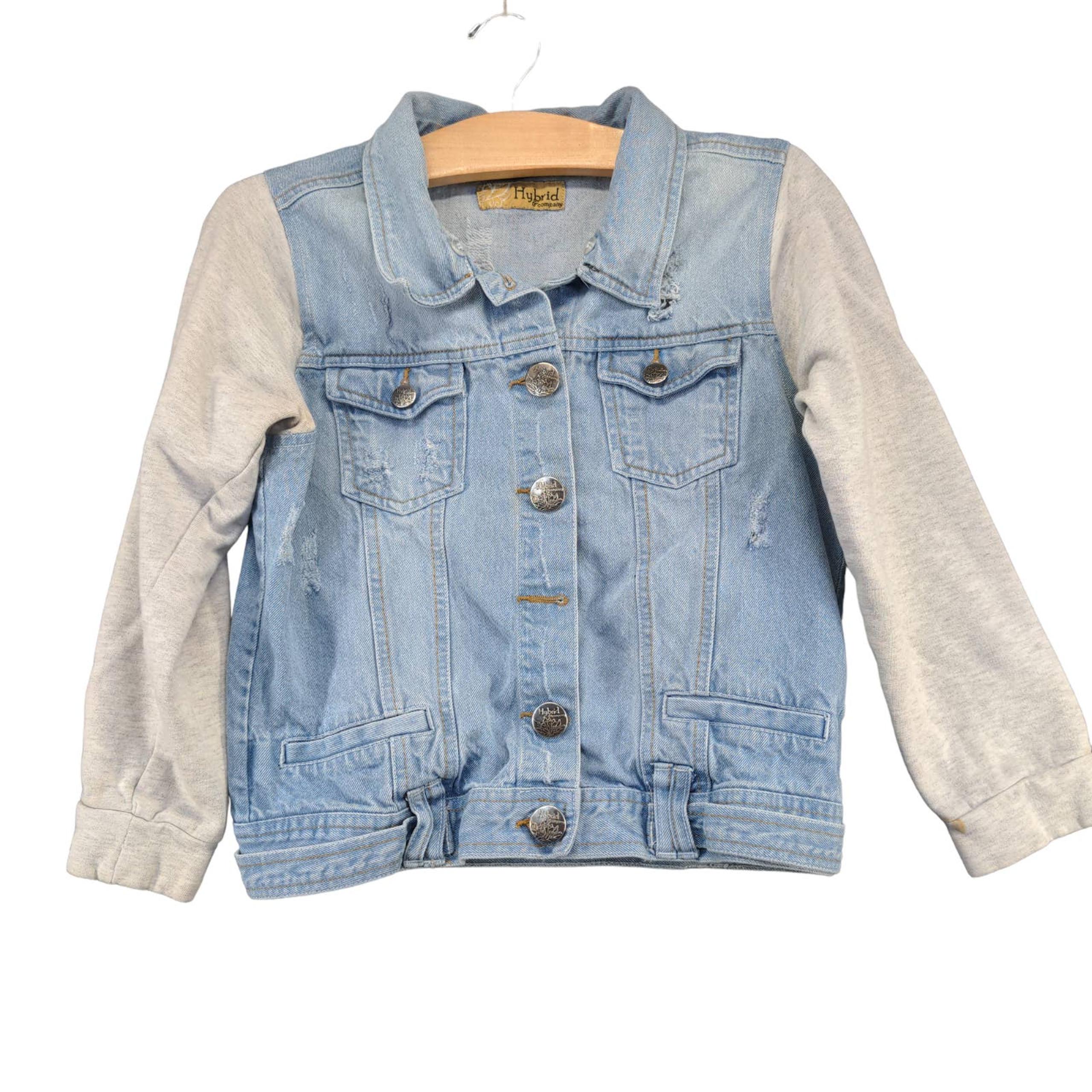 Hybrid & Company Women's Jean Jacket Blue Large Button Front Cotton Distressed