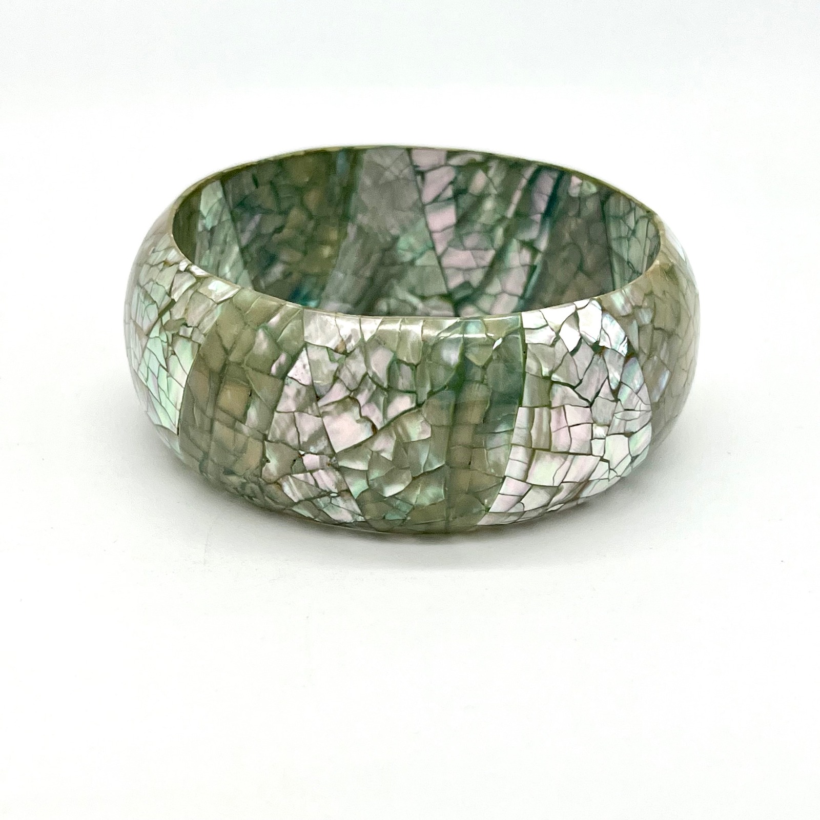 Vintage Mother of Pearl Bangle Bracelet Mosaic Inlay Statement Jewelry