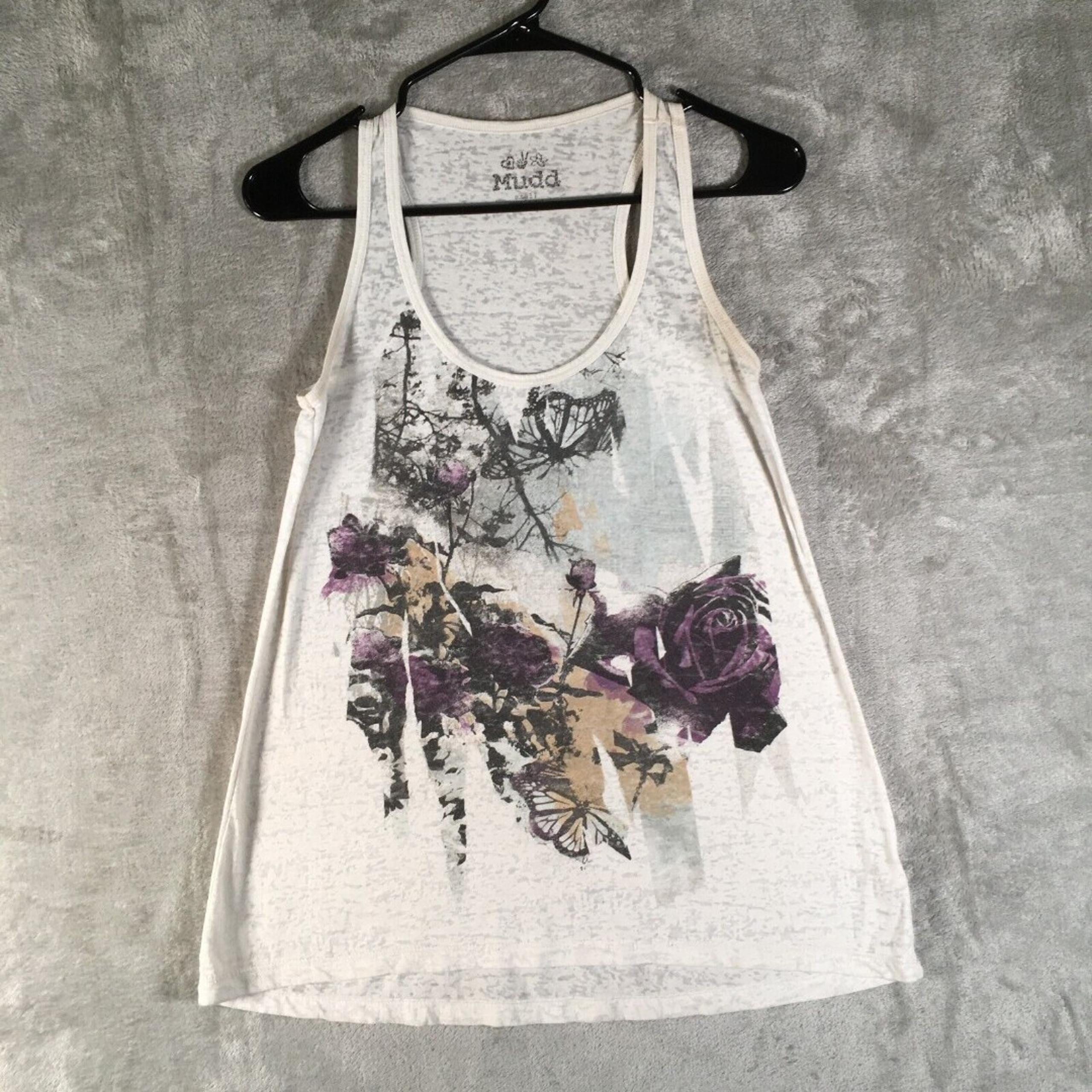 Mudd Women's Tank Top White Butterflies Flowers Semi Sheer Lightweight Size 11