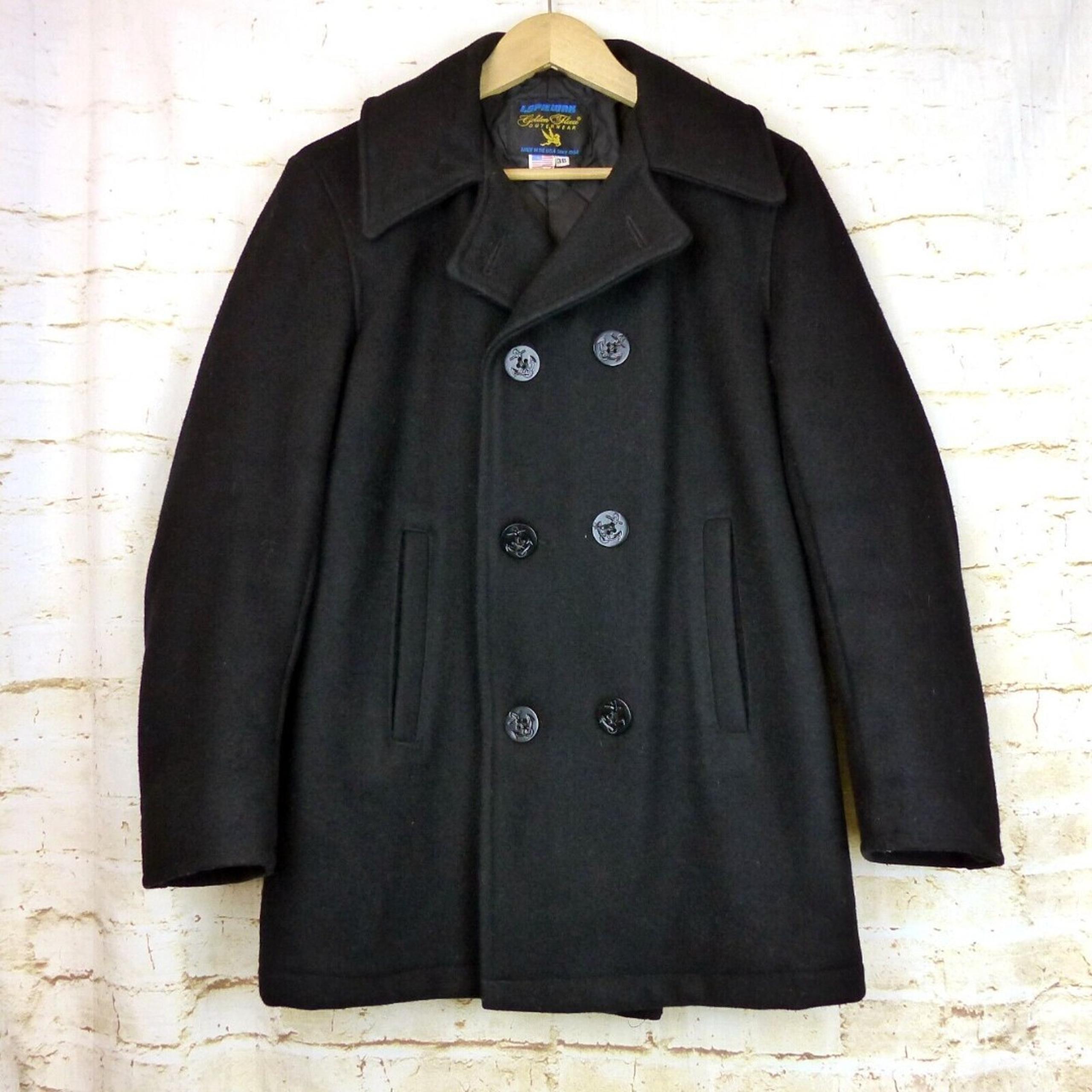 VTG I Spiewak Peacoat Mens 38 M Black Wool Naval Double Breasted Golden Fleece