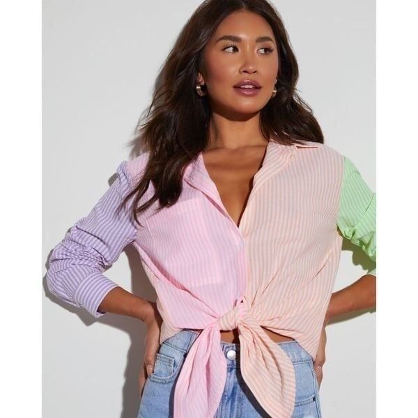 VICI Blakelyn Cotton Blend Striped Colorblock Button Down Top Size M
