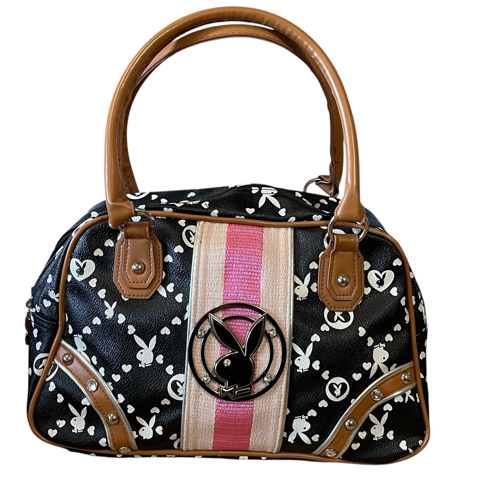 RARE Vintage Monogram Playboy Purse Satchel Black and Pink With Silver Hardware