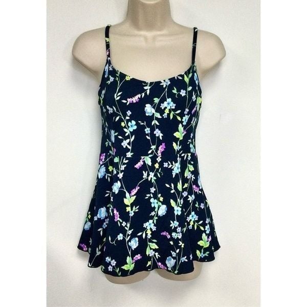 Vintage Adrienne Vittadini Womens Navy Blue Floral One-Piece Swimsuit Size 8