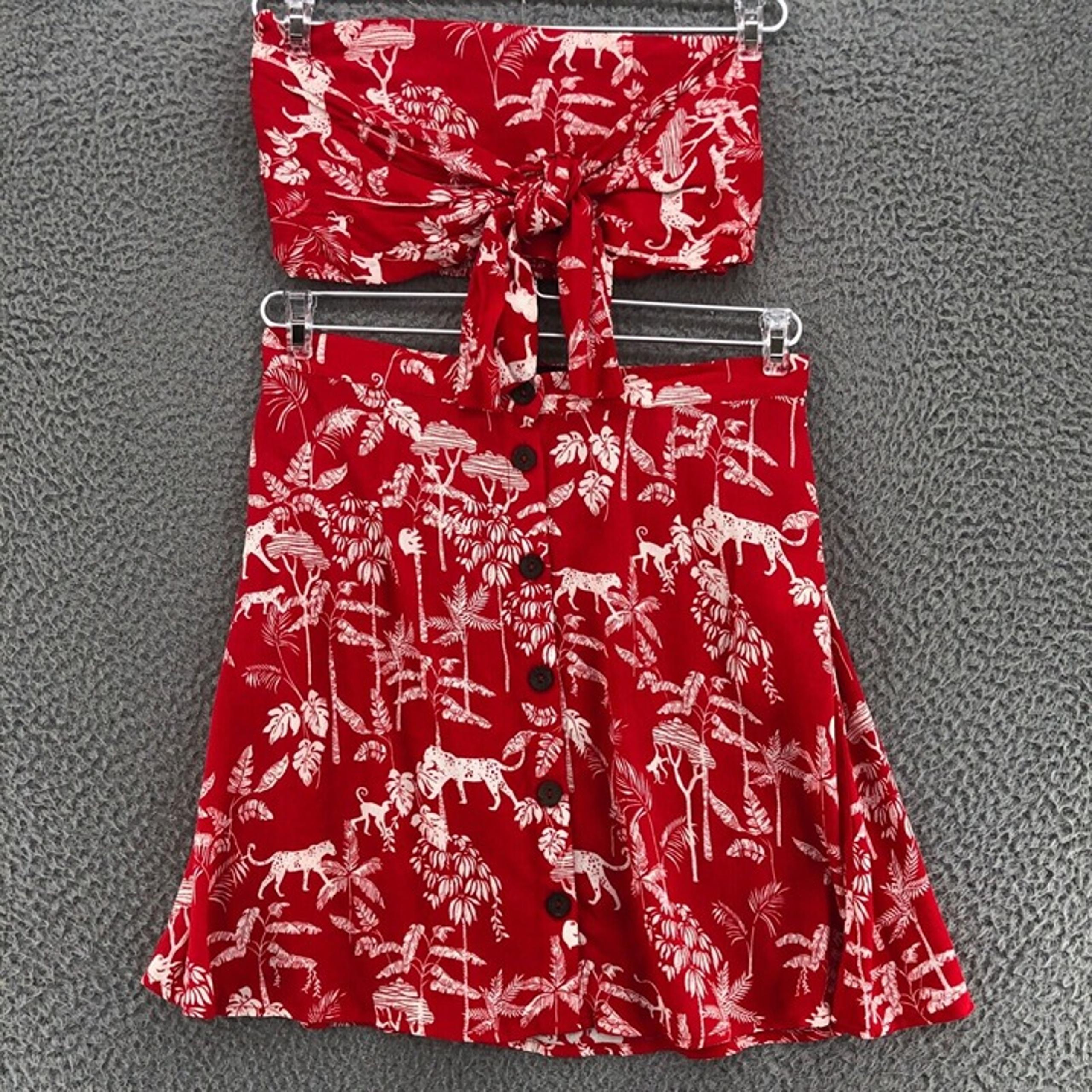 MINKPINK Dress Womens Small Red Tropical Set Mini Skirt Bandeau 2 Piece Safari