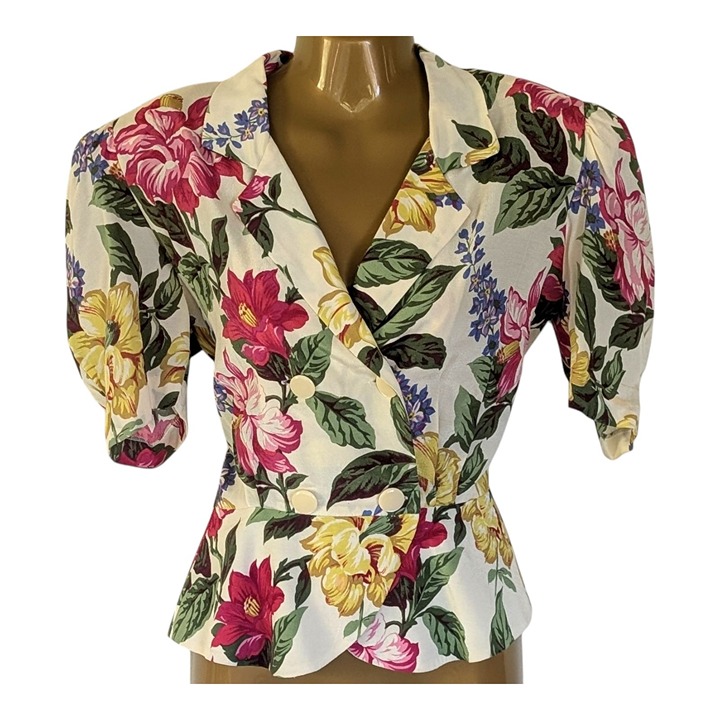 Vintage 80s does 40s Peplum Blouse Tropical Hibiscus Puff Slv. Top Lindy Swing S
