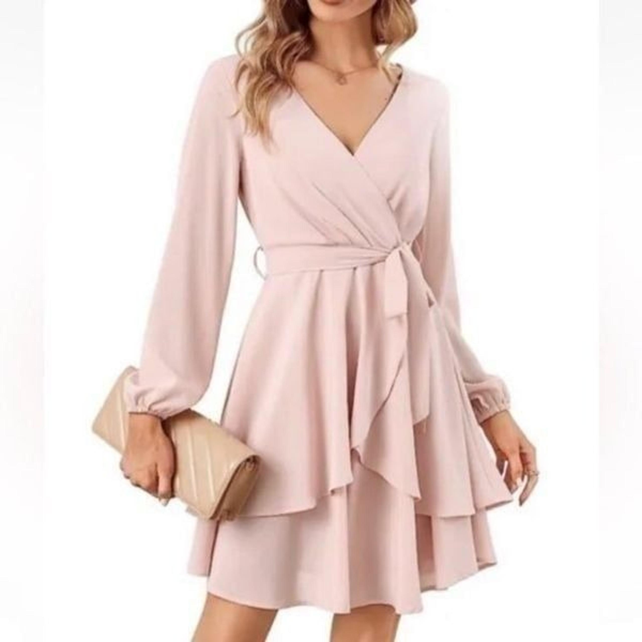 Altar’d State Wrap Dress Long Sleeve V-Neck Ruffled in Light Pink Women's Size S