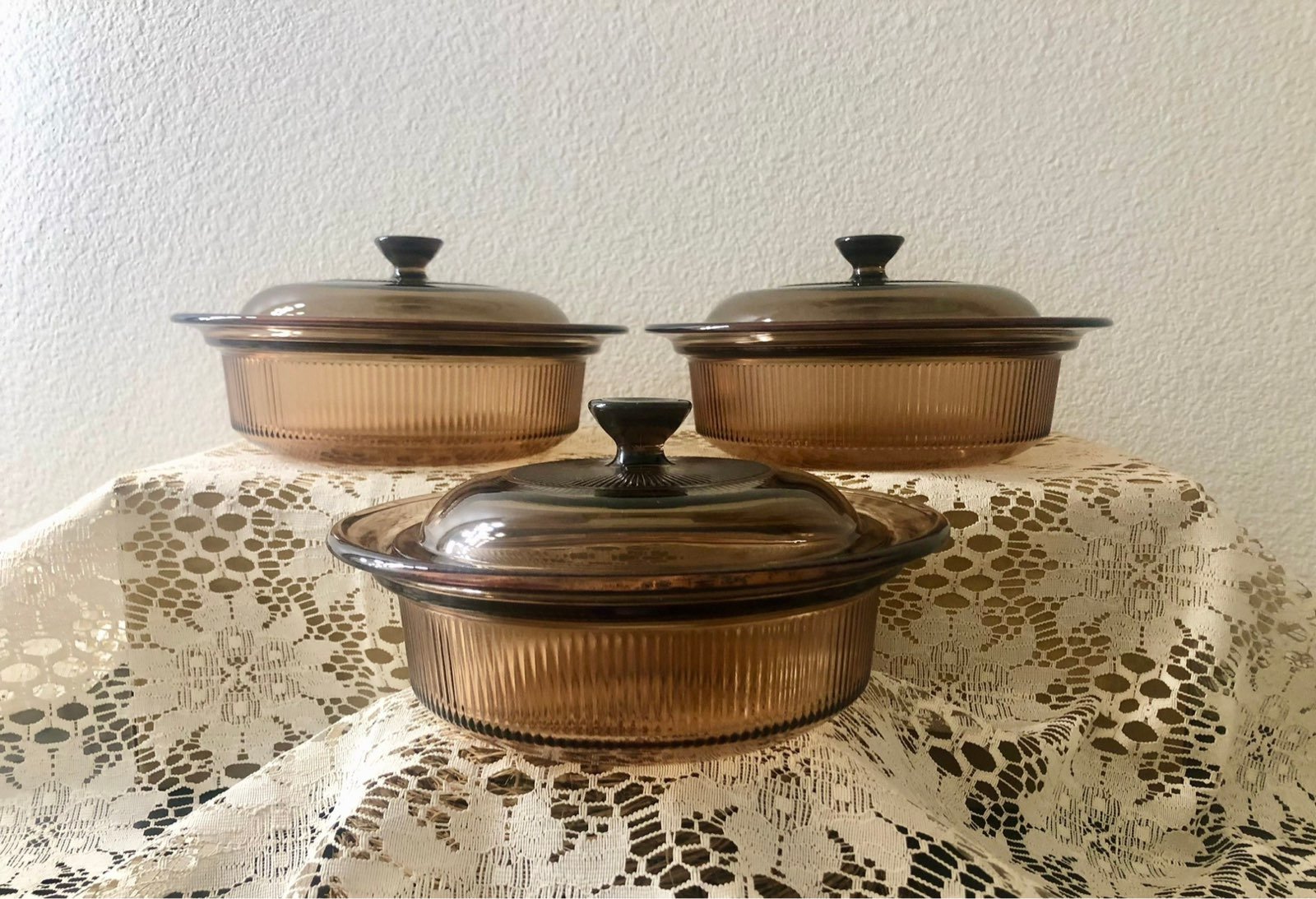 Vintage Vision Amber 6 Piece Corning Ware Ribbed Round Covered Casserole Dishes.