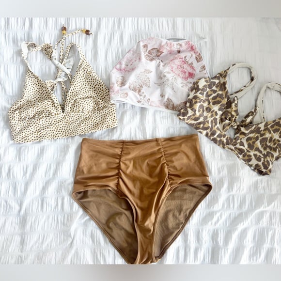 Aerie Swim Bundle Size Medium 3 Bikinis High Waist Neutral Full Coverage Tan