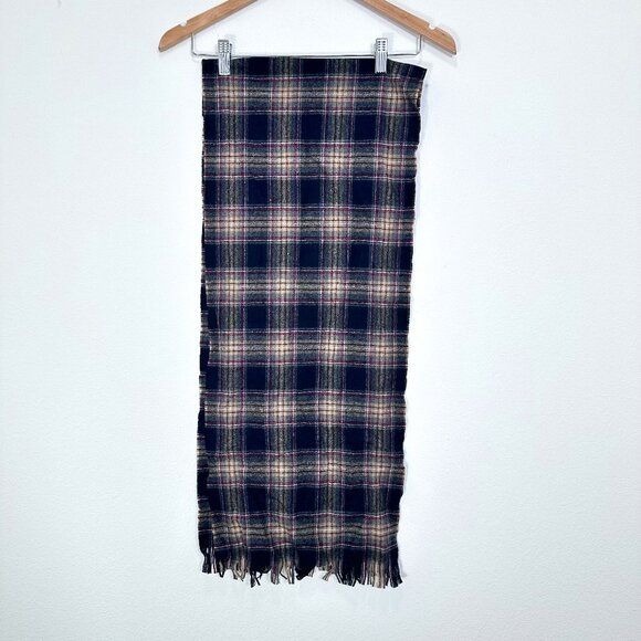 Pendleton Vintage 100% Virgin Wool Blue Red Tan Plaid Fringe Scarf
