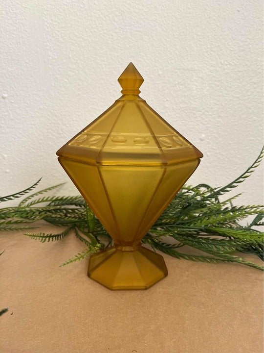 amber frosted glass diamond shape candy dish with lid