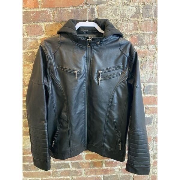 American Breed Black Leather Hooded Biker Jacket Men’s Size L