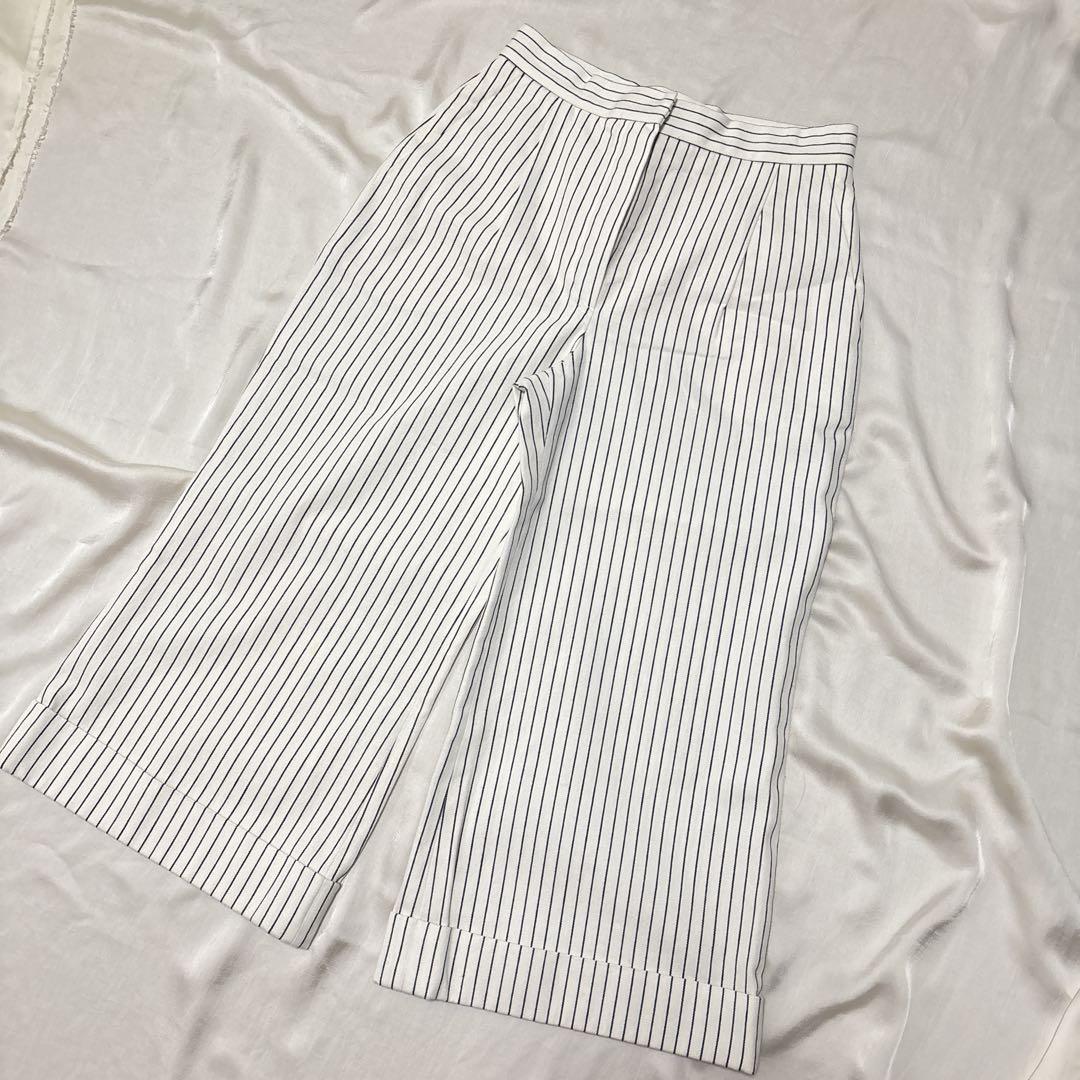 CHANEL Striped Gaucho Pants, White, Size 36
