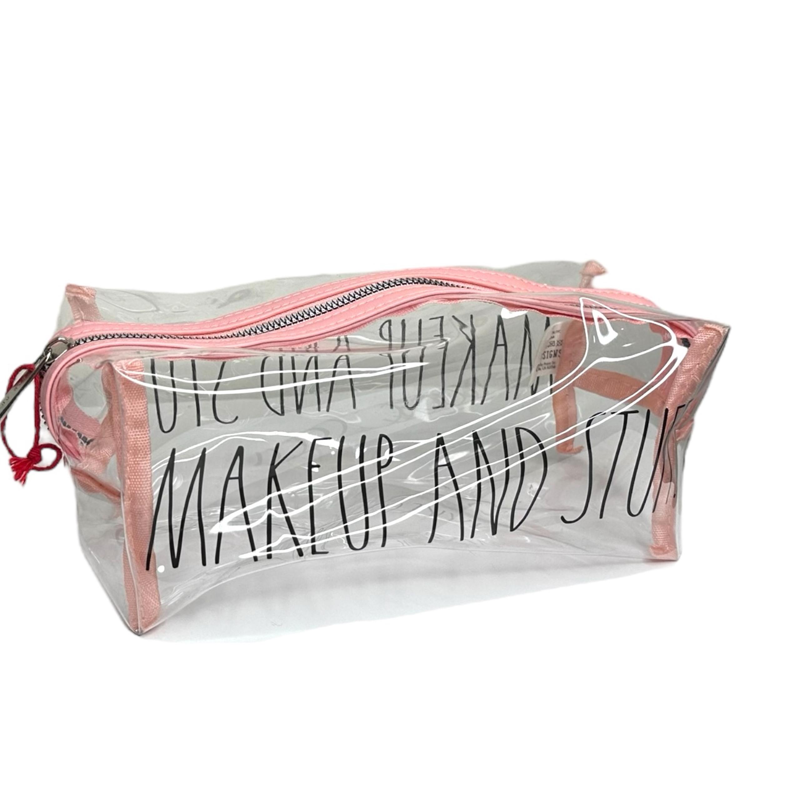Rae Dunn Clear/Pink MAKEUP AND STUFF. Cosmetic Bag, 9 x 4.25 x 4.75"
