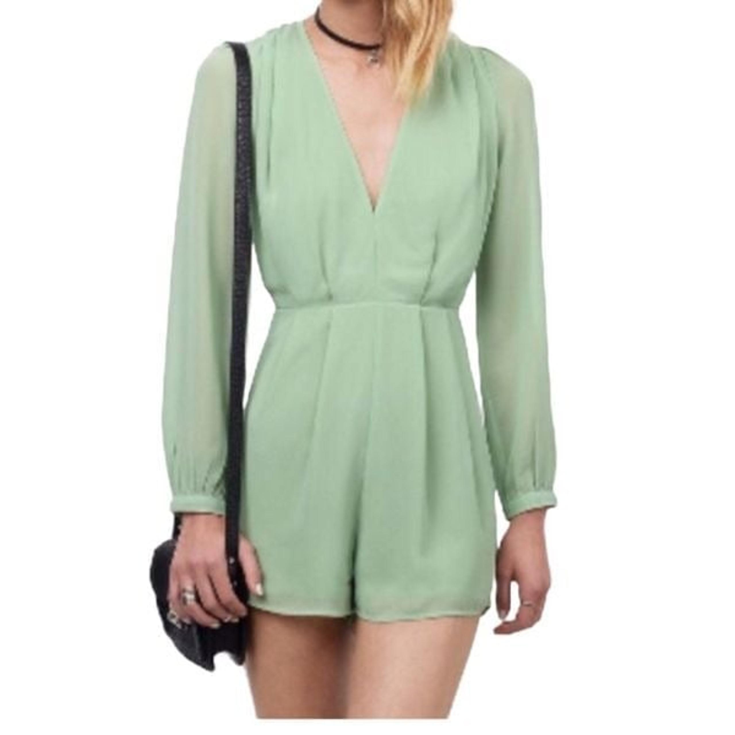 TOBI Romper Long Sleeve V Neck Pleated Green Romper Women's Size S