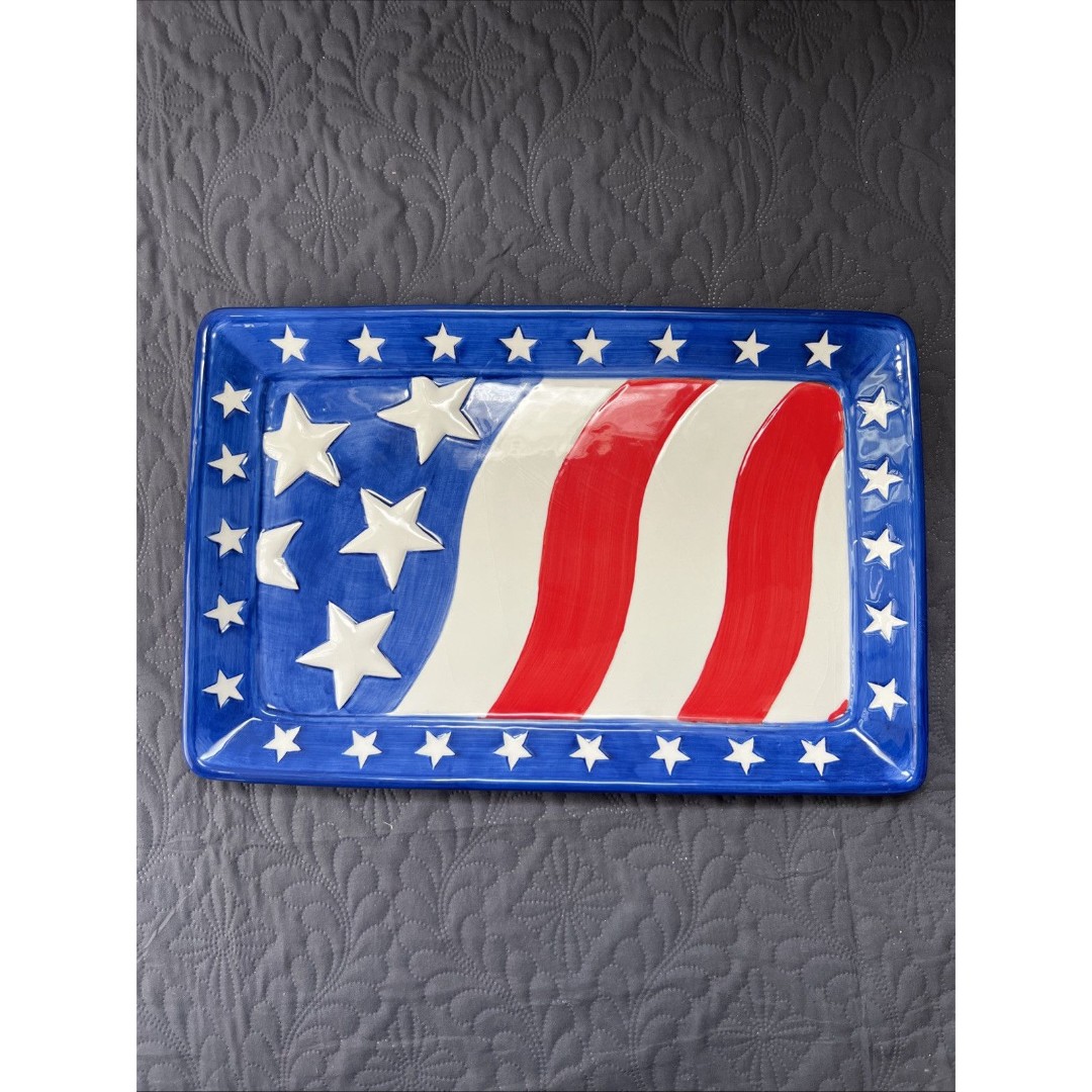VTG American Flag Patriotic Chips & Dip Platter 4th Of July 16”x 10.5” x 1” Home