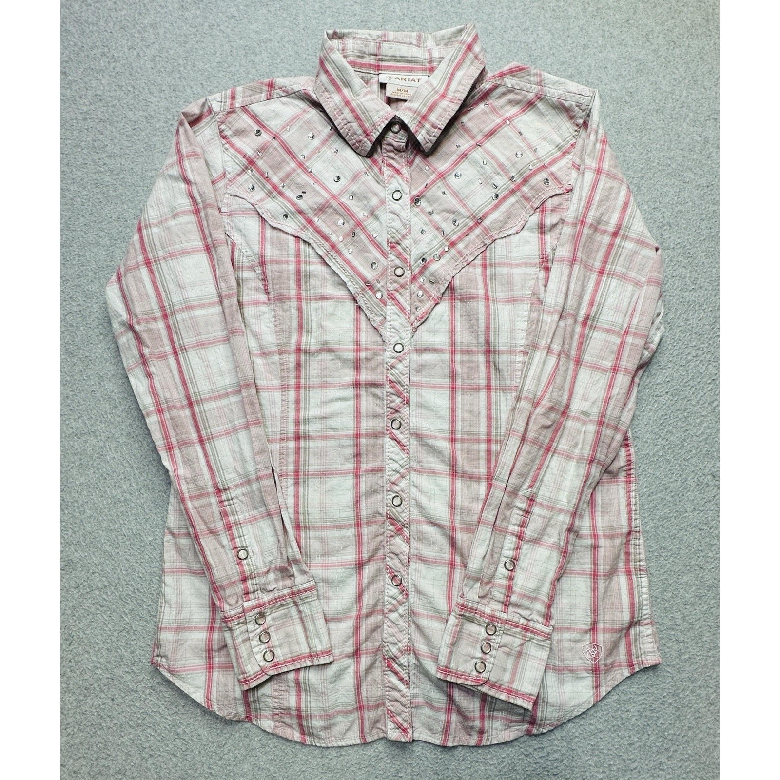 Ariat Shirt Womens Medium Pink White Plaid Snap Western Cowgirl Rhinestones Lady