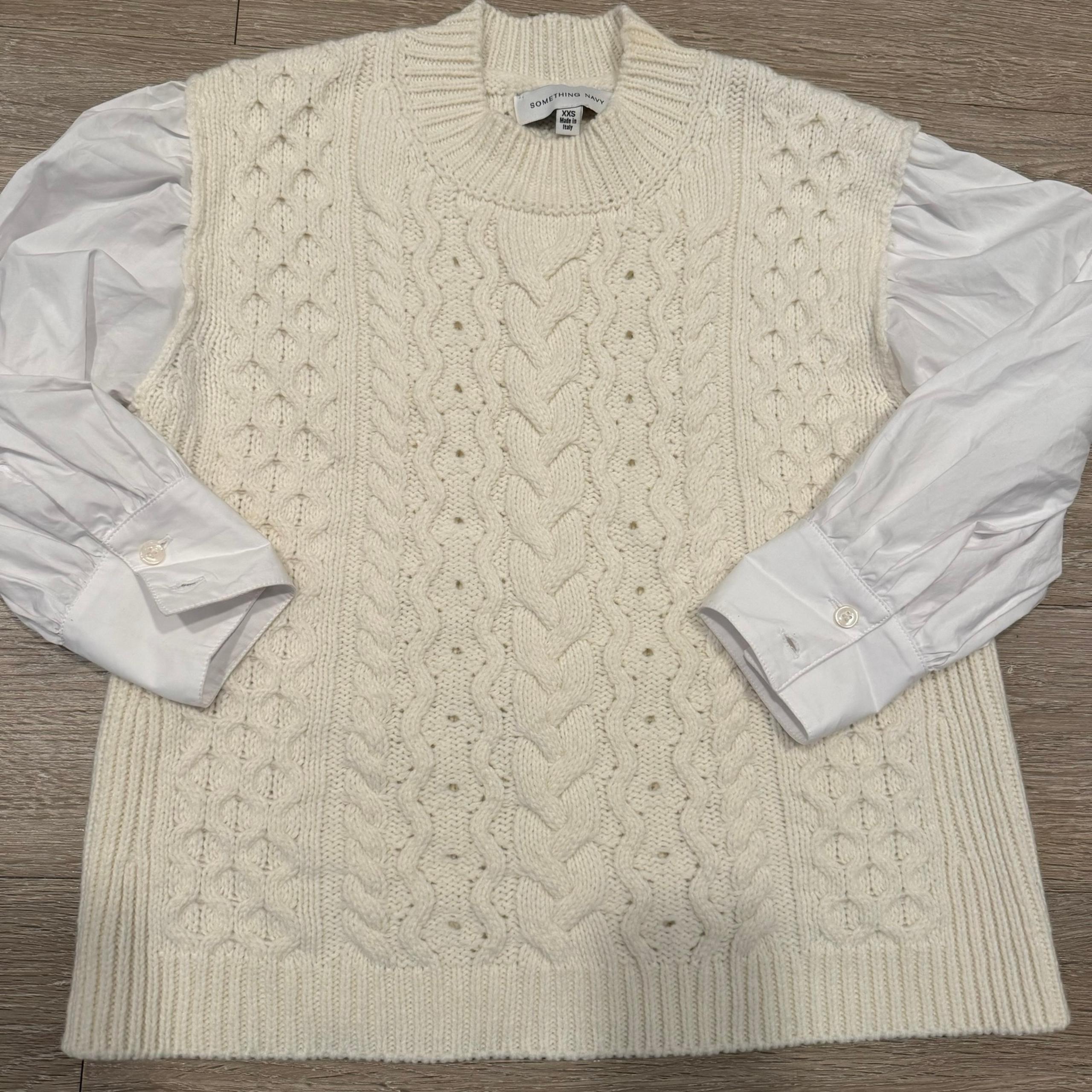 XXS Cable Knit Merino Wool Sweater White Poplin Sleeve Women’s - Something Navy