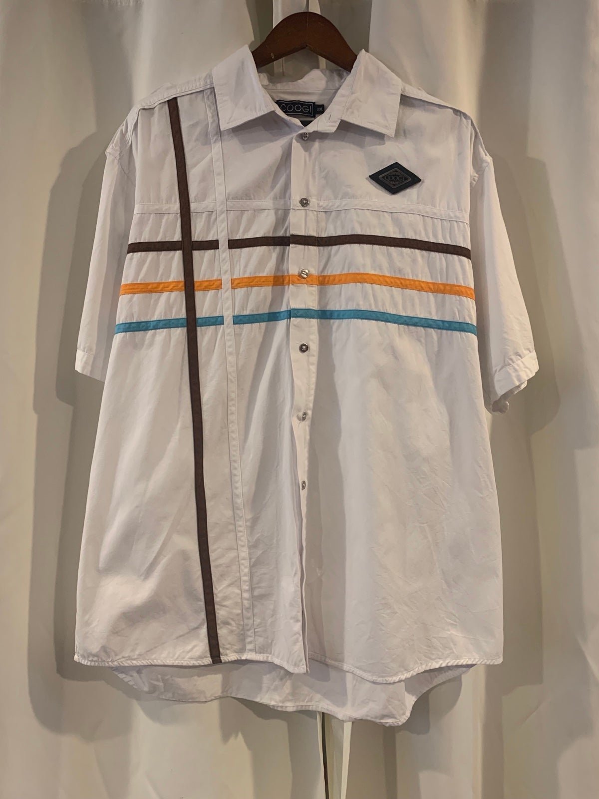 COOGI XXL Shirt White Multi-color Stripes Button Front Short Sleeve Logos