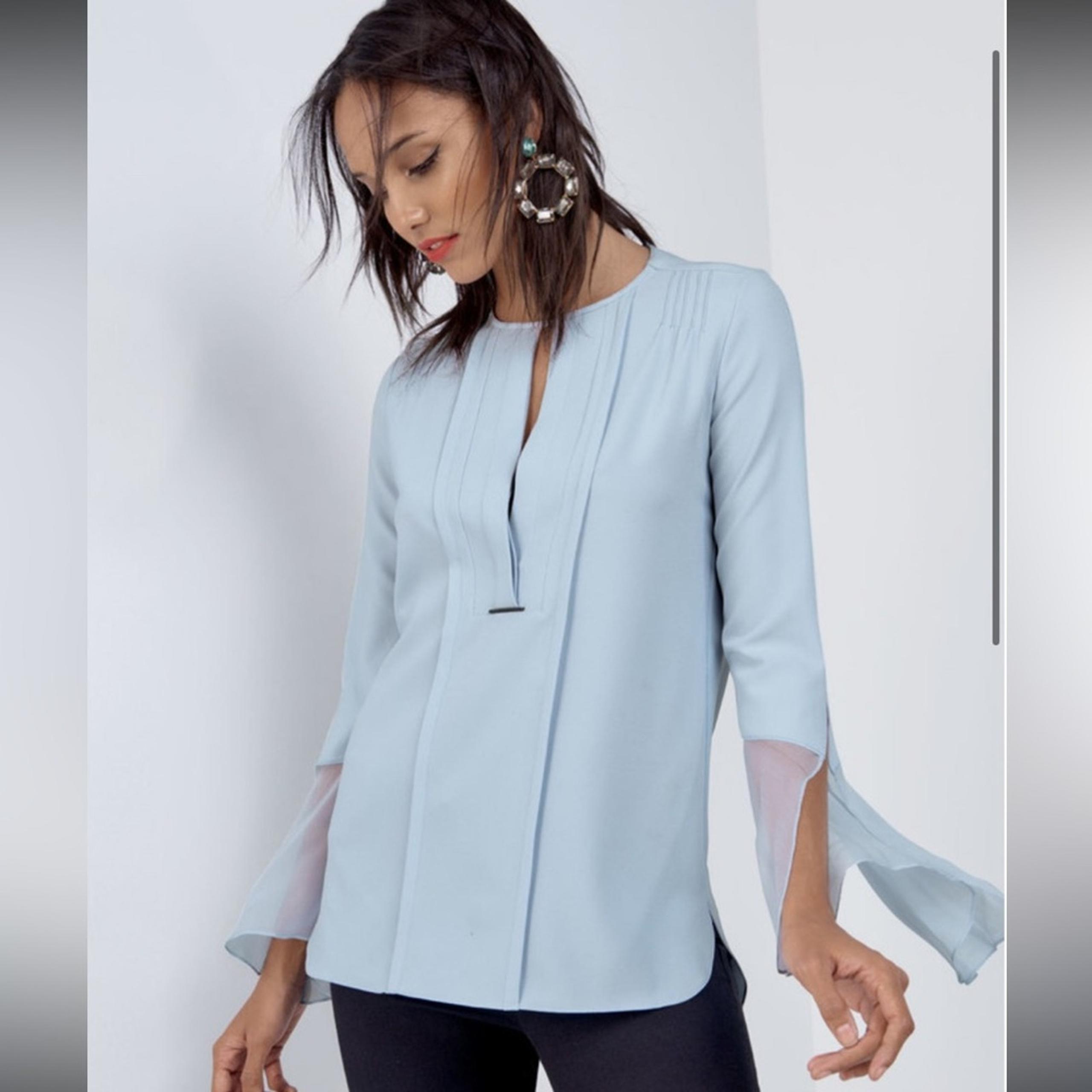 Elie Tahari Owen Long Sleeve Pleated Blouse Sz XL Silk Chiffon Trim Light Blue