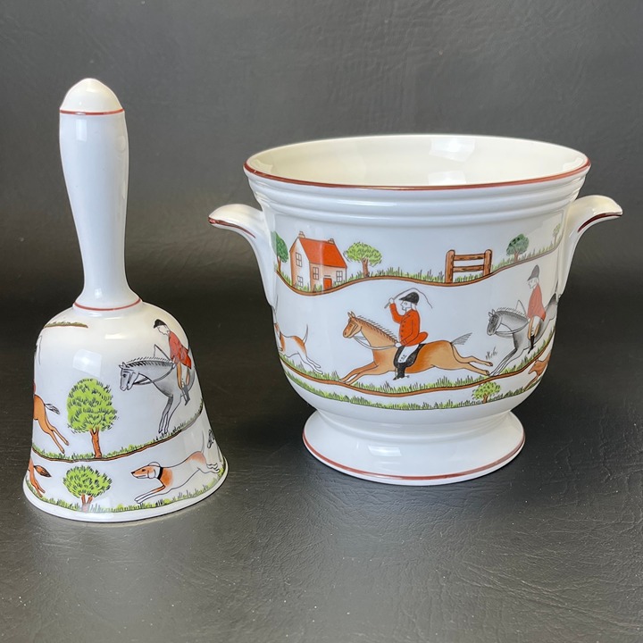 Crown Staffordshire Hunting Scene Cache Pot and Bell HTF