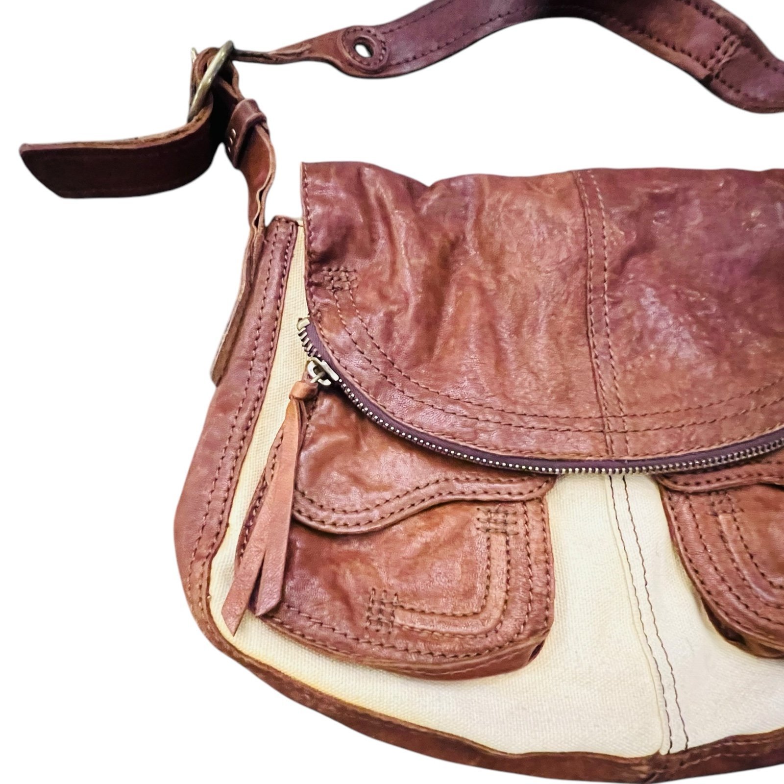 Lucky Brand Dungarees Canvas Italian Leather Tan Cream Shoulder Bag Boho Western