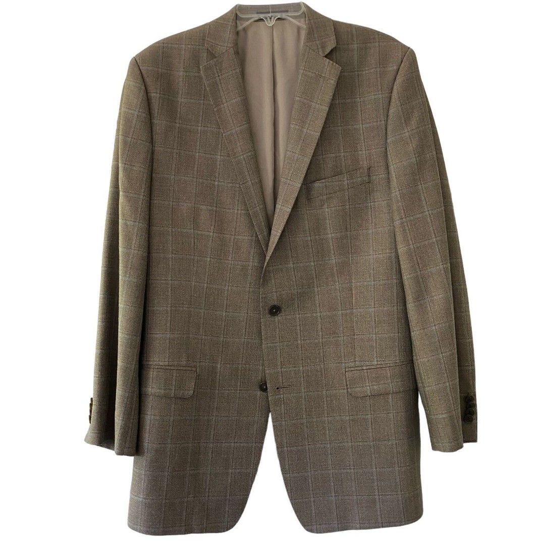 Calvin Klein Wool Silk Suit Blazer Men L Gray Blue Plaid Single Breasted Career