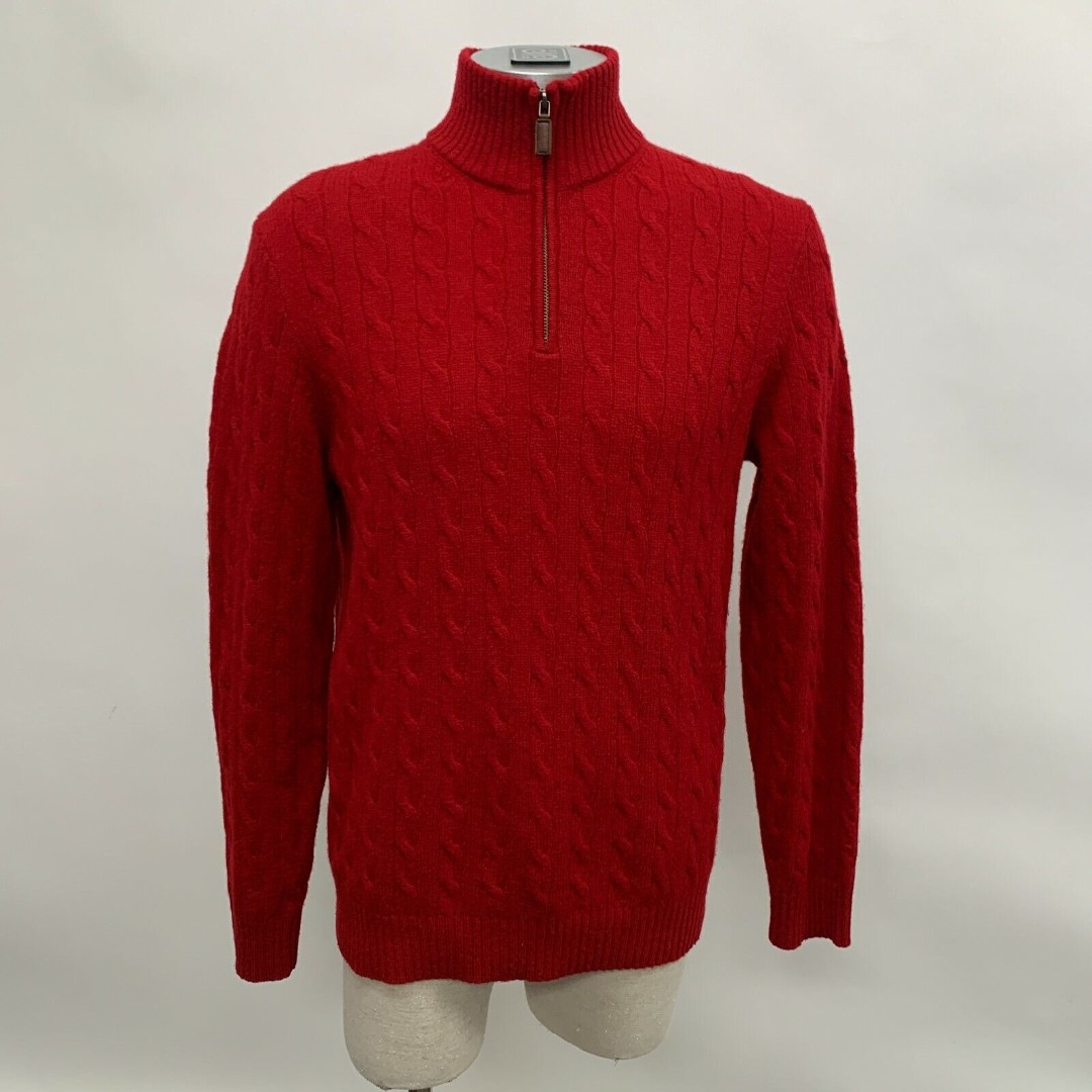 J.Crew Men's Sweater Medium Red 100% Lambs Wool Cable Zip Up Mock Neck