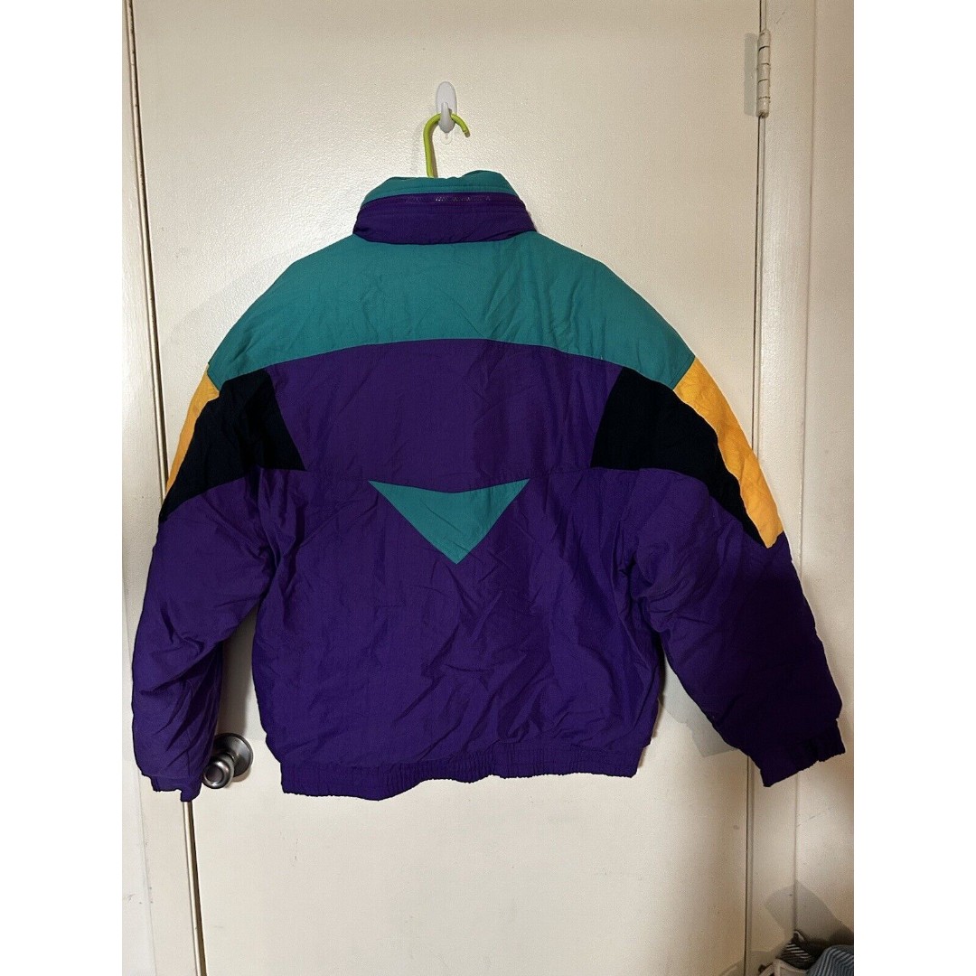 Vintage 1980s Purple Teal And Yellow Puffer Windbreaker Jacket W/ Built in Hood!