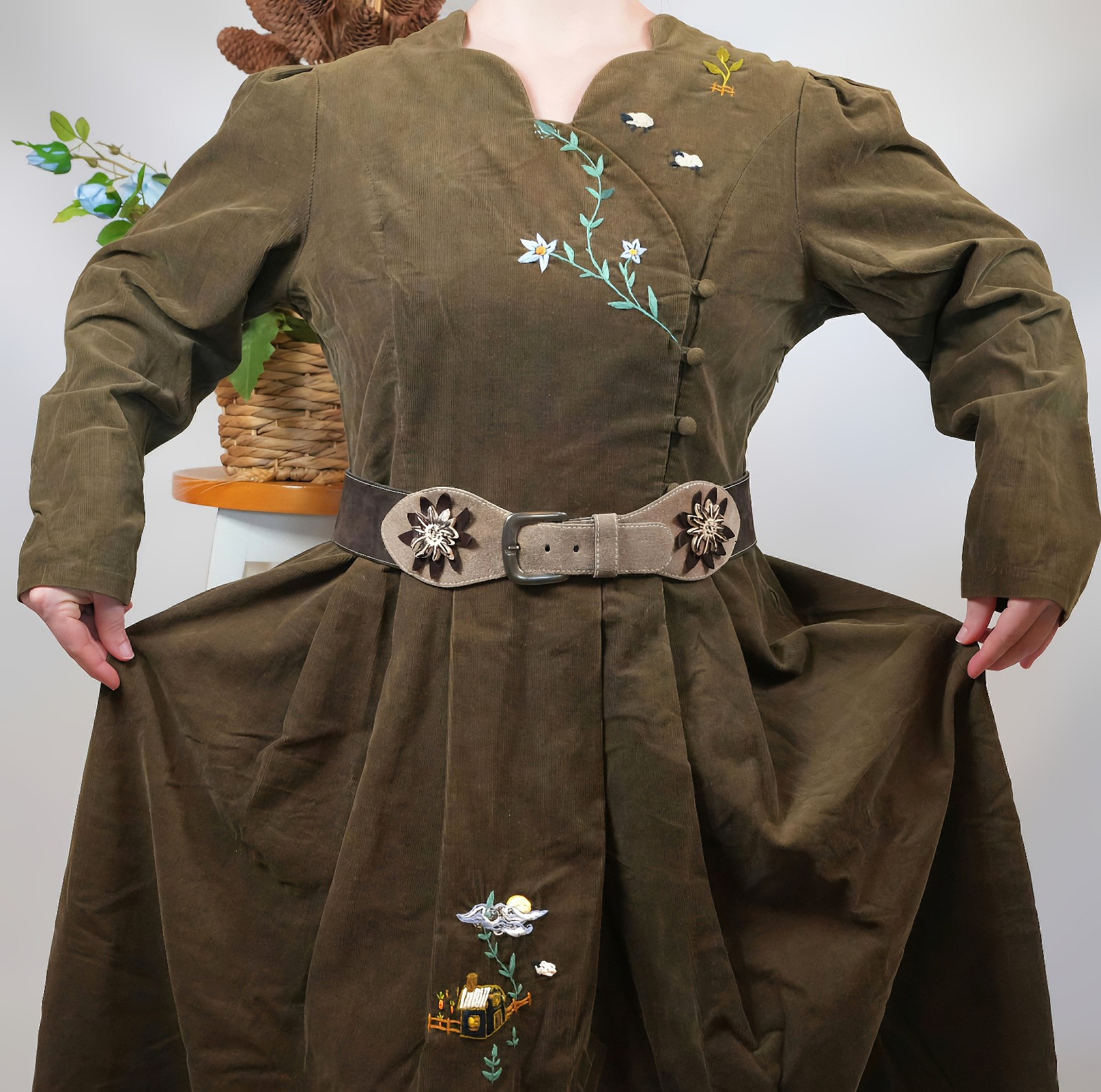 Laura Ashley 80s Folk Embroidred Dress with Dirndl Belt