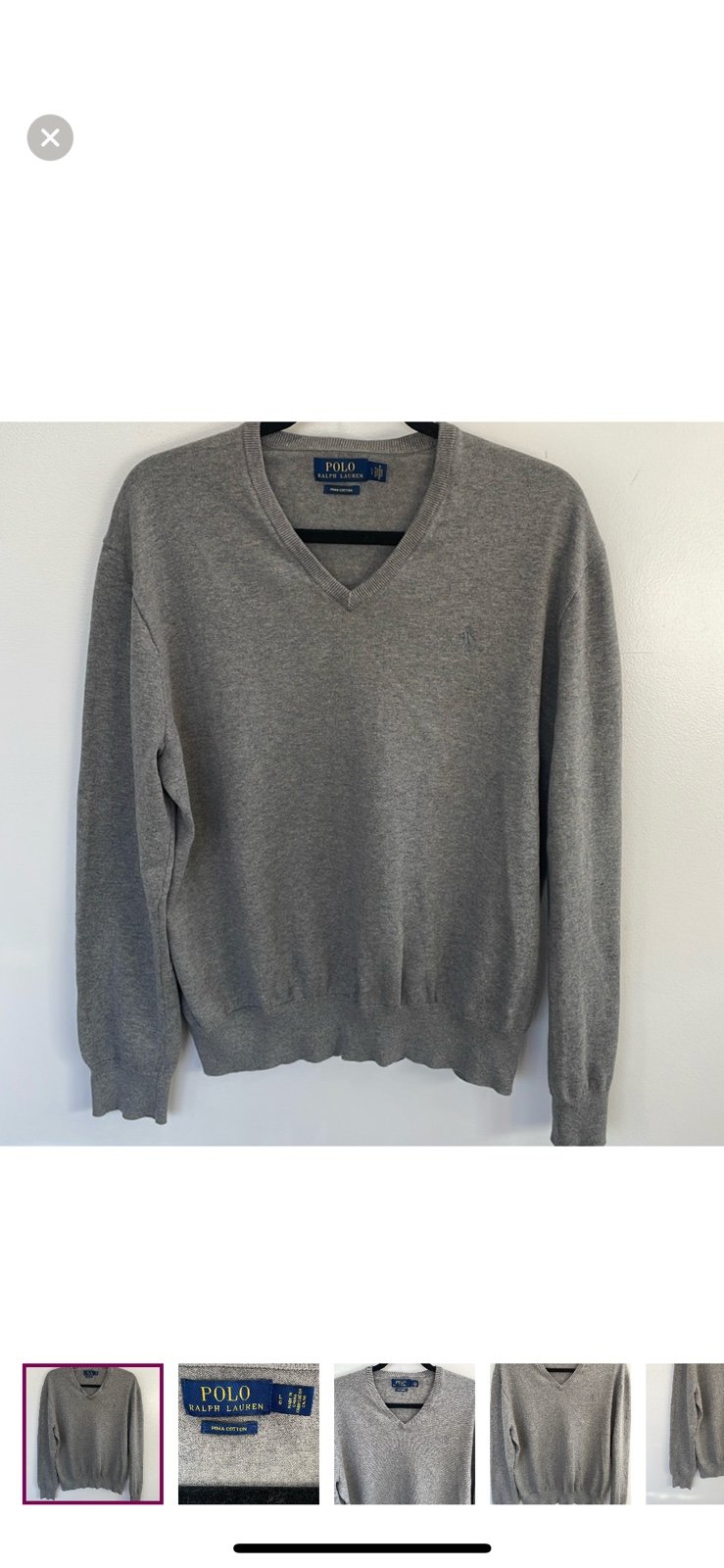 Men’s Polo Ralph Lauren gray V-neck Pima cotton long sleeve sweater. Size Large